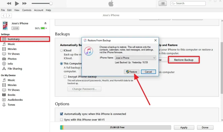 restore backup from itunes 