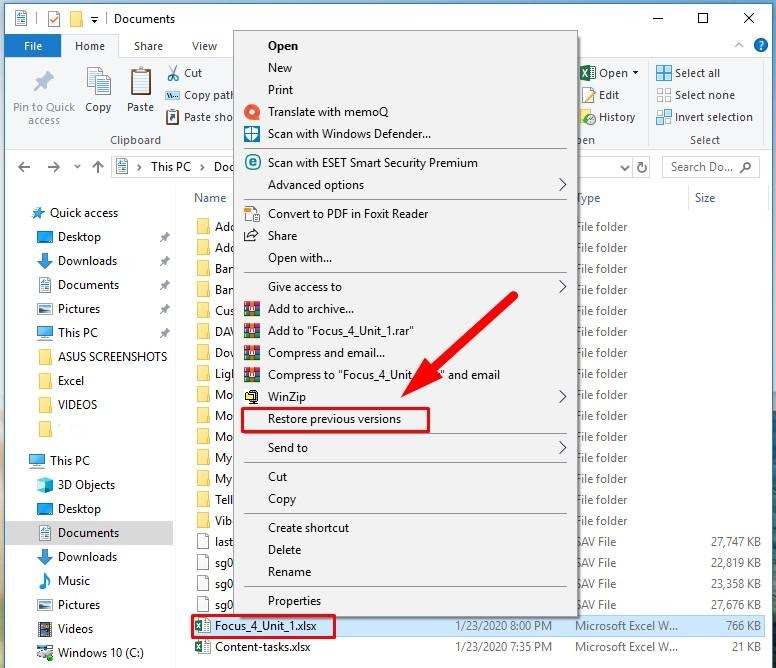 restore excel file previous versions 