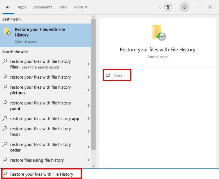 open the restore file history