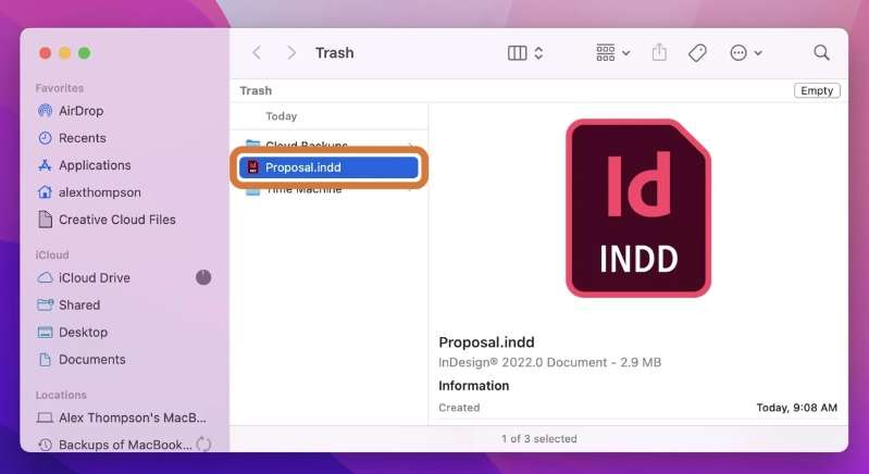 restore indesign file from trash 