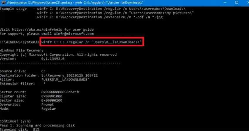 windows file recovery command with separate destination