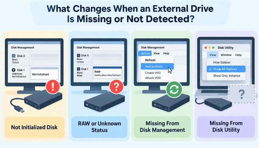 disk management and disk utility external drive visibility cases
