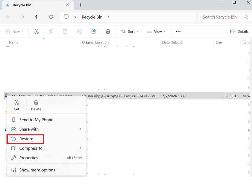 restore deleted file from windows recycle bin