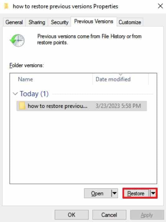 previous versions dialog with restore menu