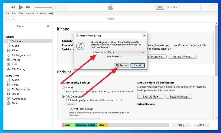 restore iphone backup in itunes