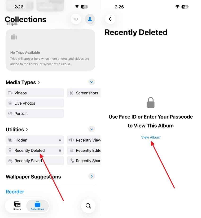 open recently deleted album on iphone
