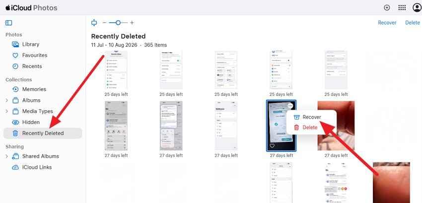 recover photos on icloud.com