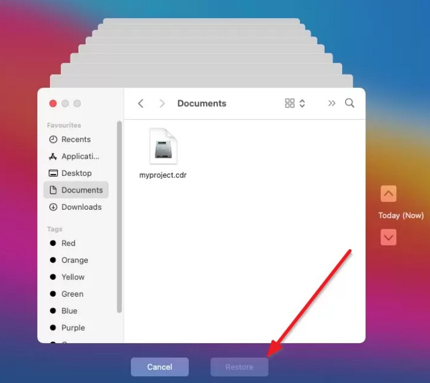 press the restore in time machine