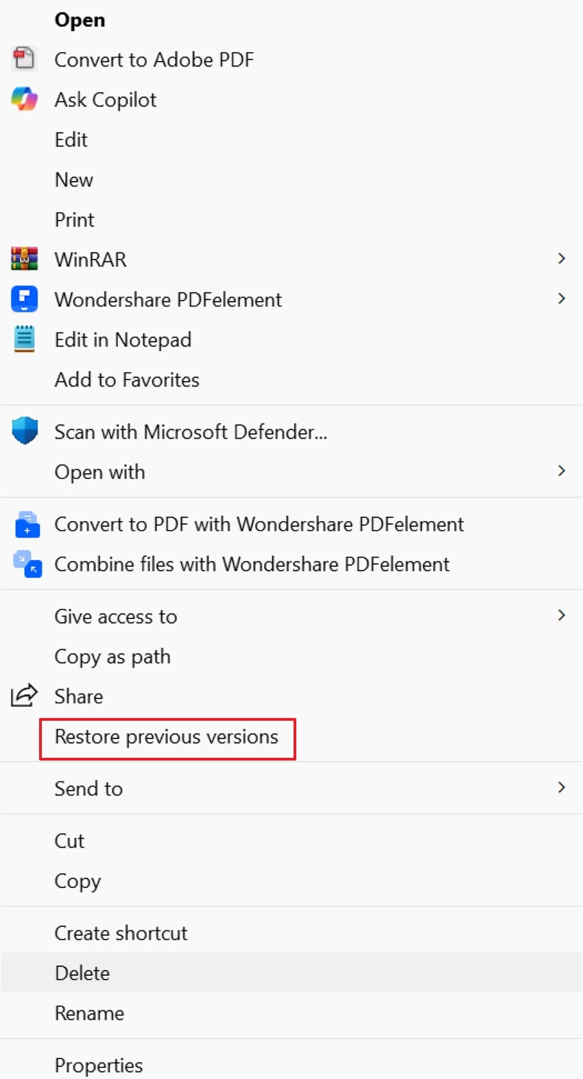 choose the restore previous version