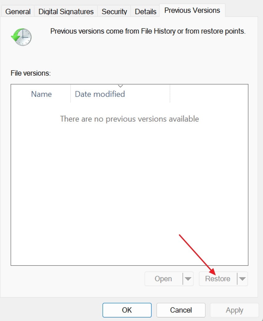 restore previous version file
