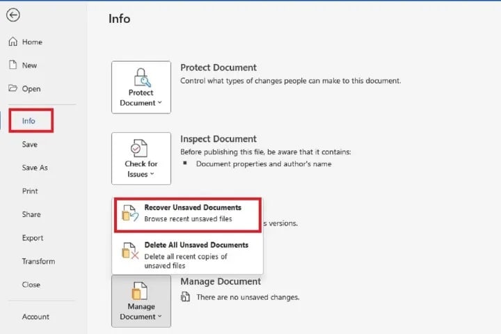 recover unsaved documents in word