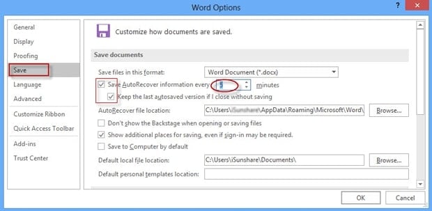 enable autosave feature in word