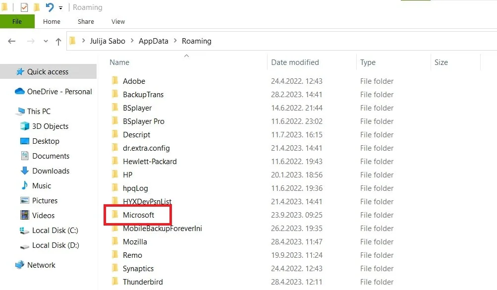 find the microsoft folder in appdata