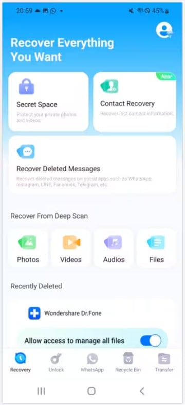 choose recover icon on dr fone