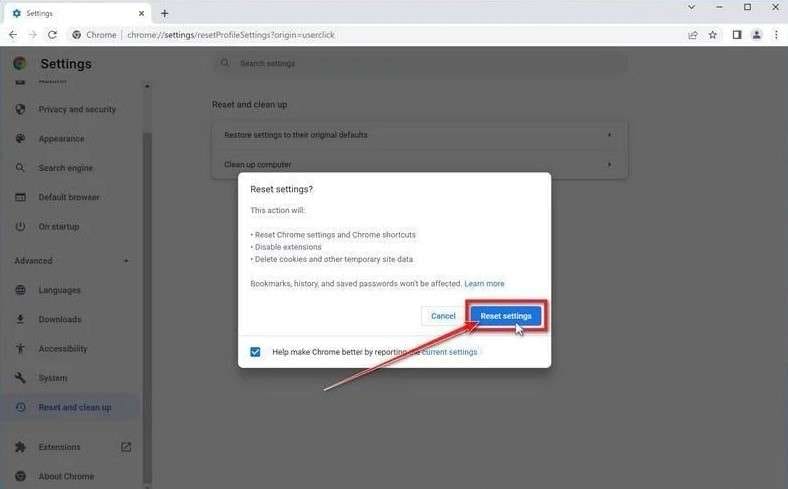 confirming chrome settings reset to default