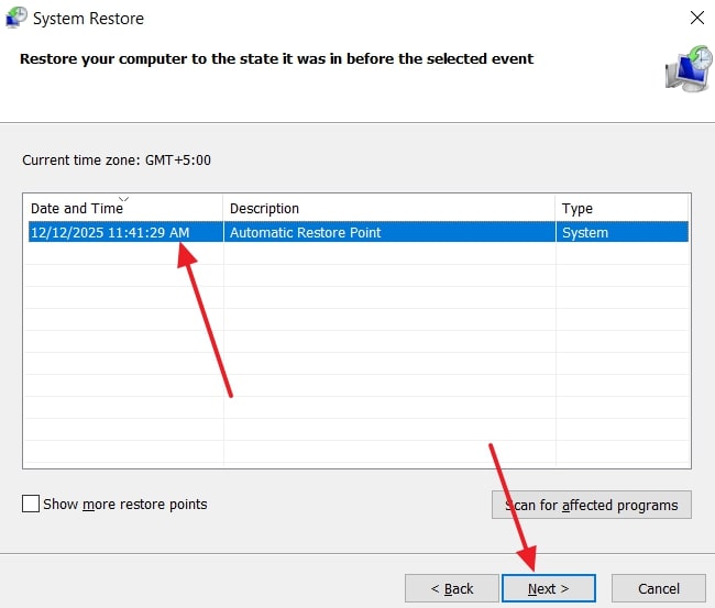 select restoration point