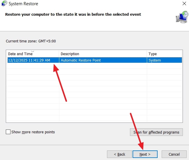 select restore point