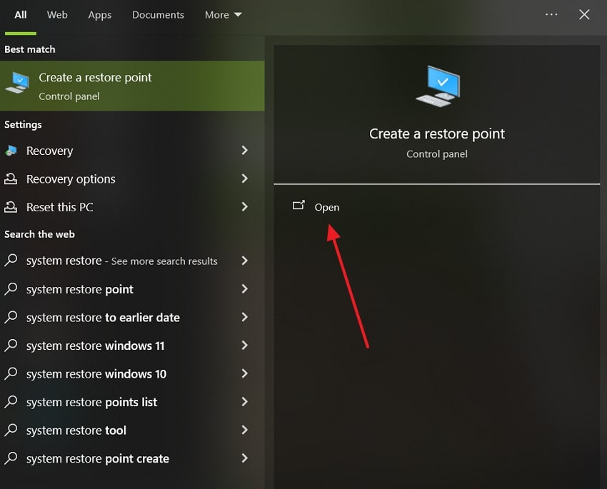 open create a restore point
