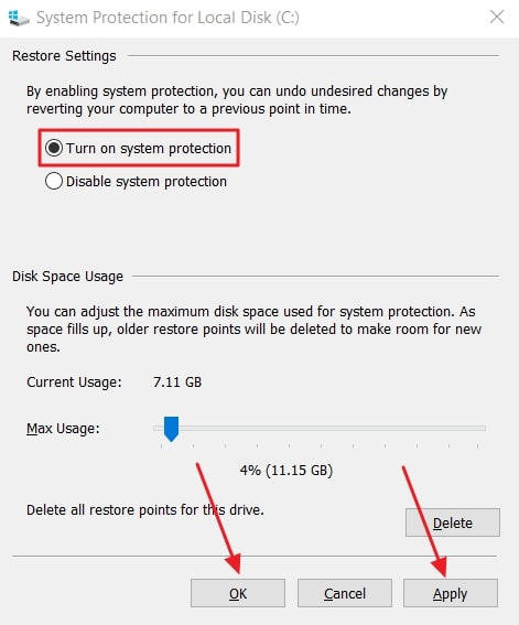 enable system protection