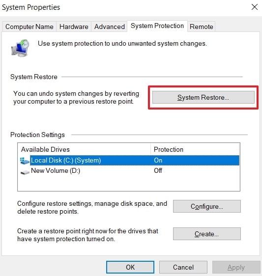 choose system restore