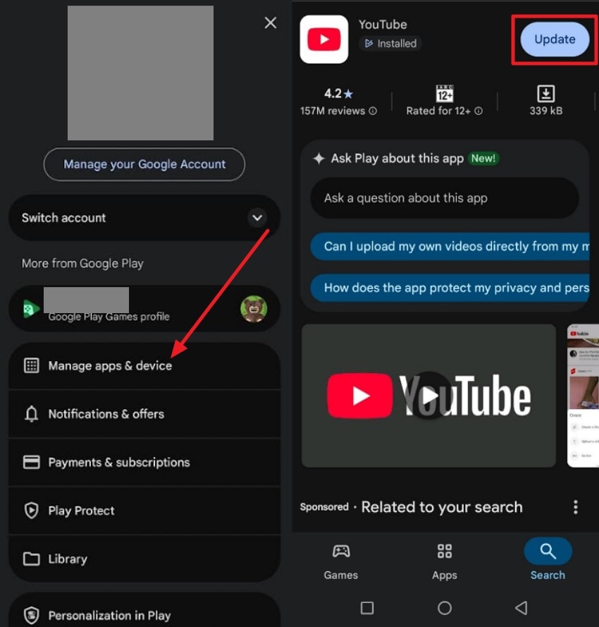access play store choose youtube update