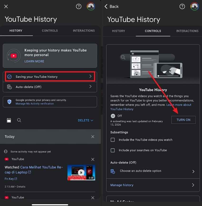 turn on watch history