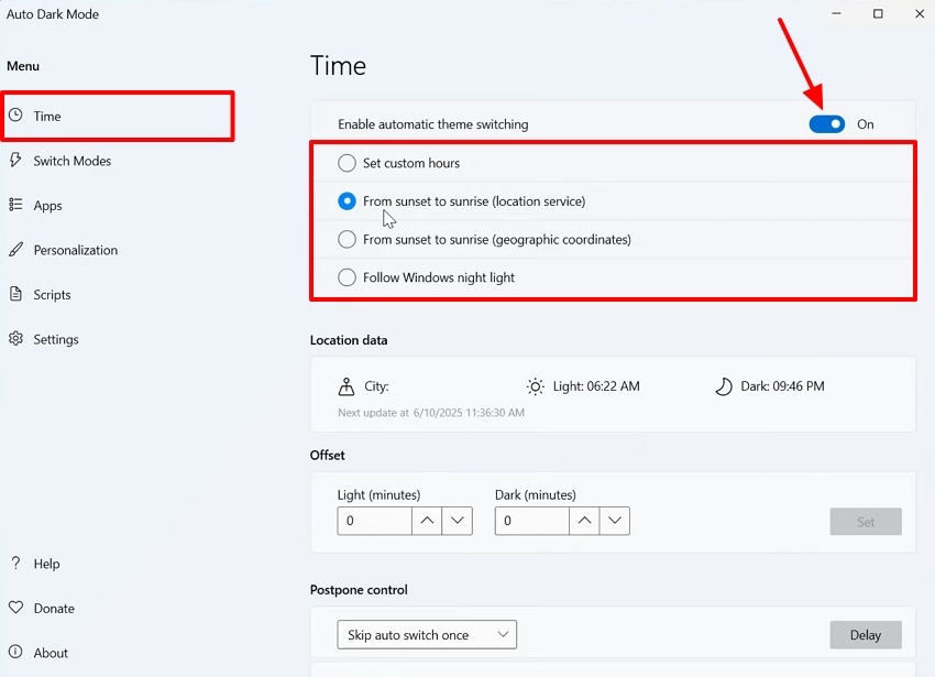 enable toggle and schedule dark mode