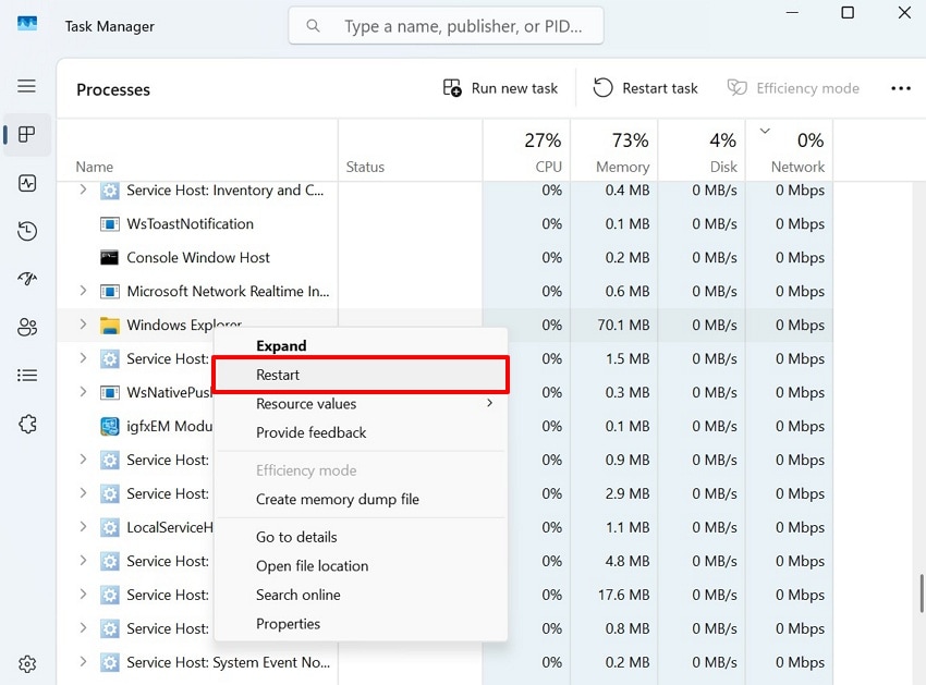 restart the windows explorer