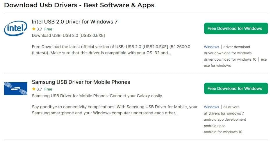 finding usb drivers on website 