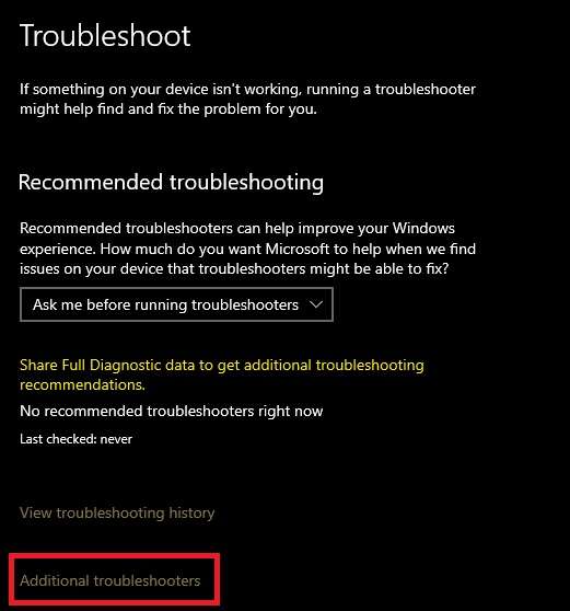 additional troubleshooters on windows 10