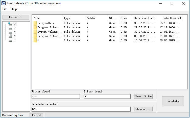 freeundelete scans the selected drive