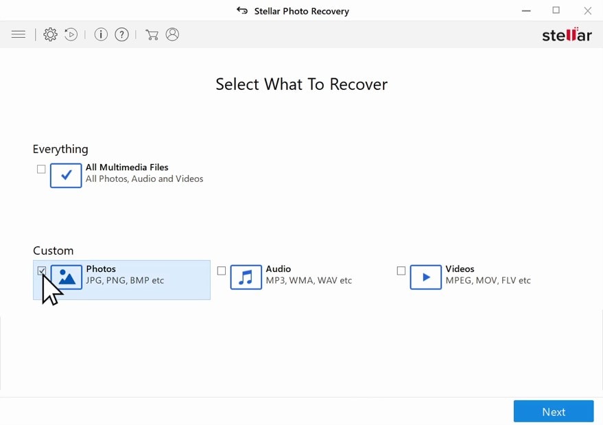 selecting the type of files to recover