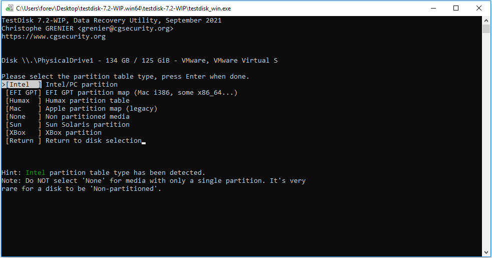 testdisk select partition table 