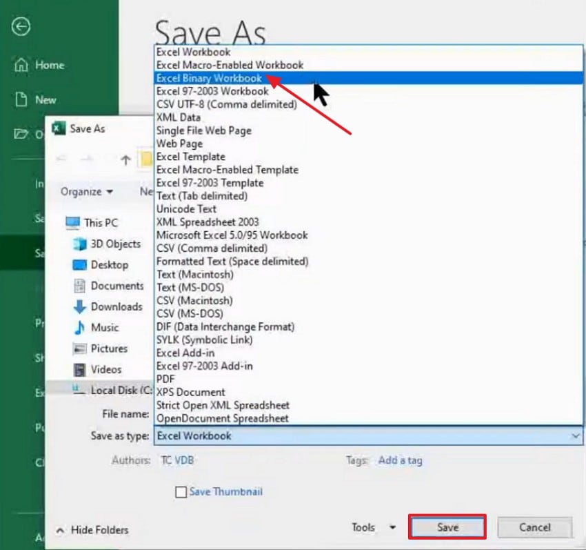 save as excel binary workbook