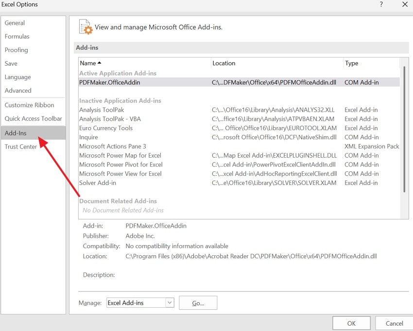 choose the add ins option
