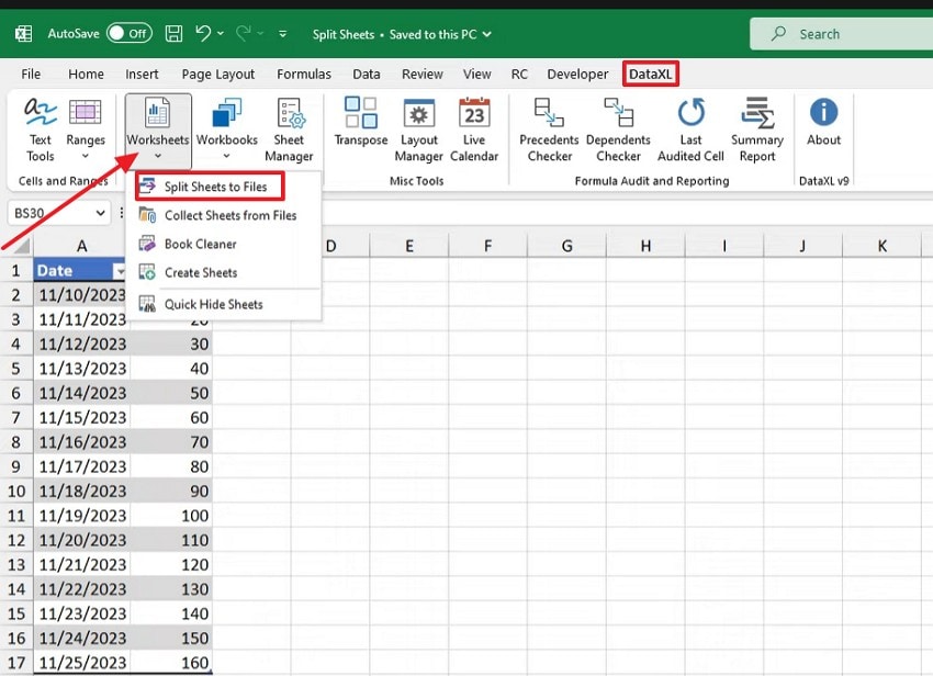choose split sheets to files