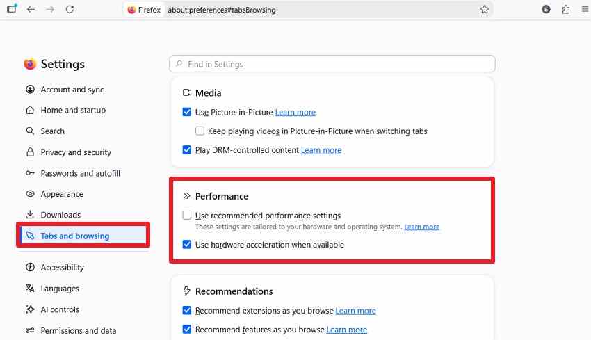 go to performance settings