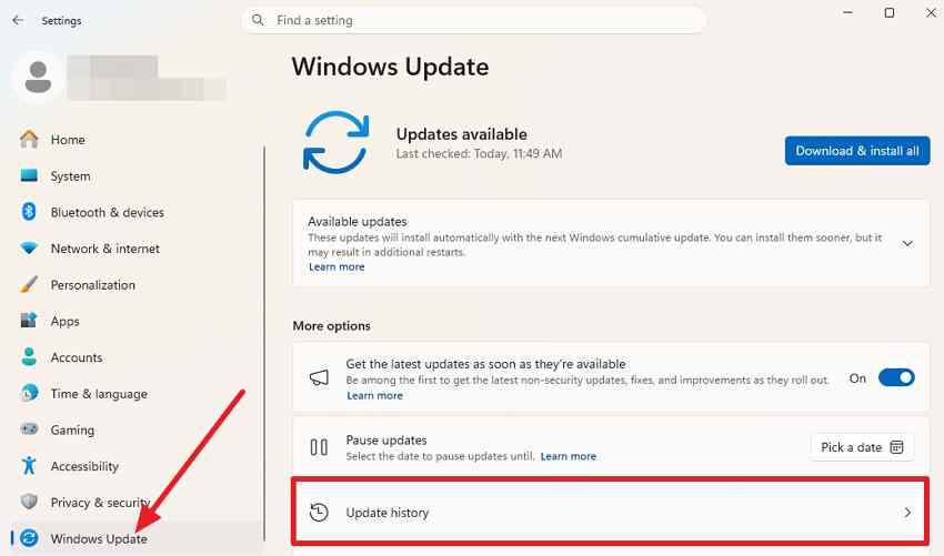 go to update history