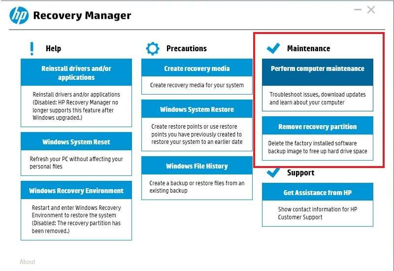 maintenance de hp recovery manager 