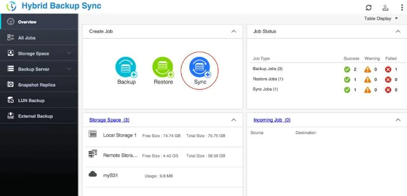 interface de usuário hybrid backup sync 