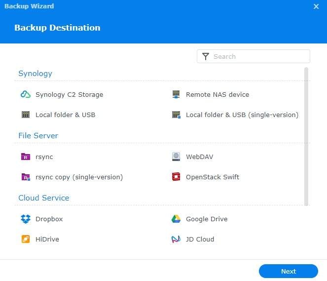 selecciona el destino de la copia de seguridad en hyper backup 