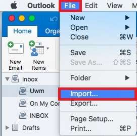 importar e-mails para o outlook no mac