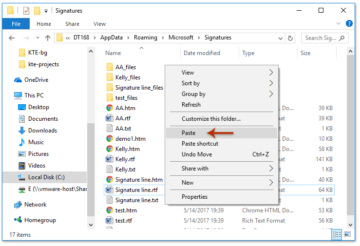 paste the outlook signatures