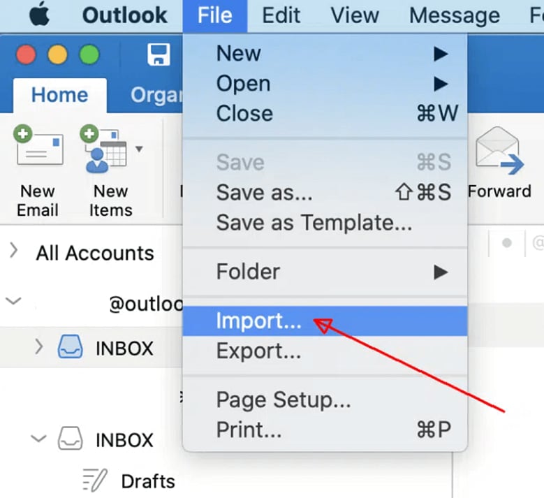 lancer l'importation de pst vers mac outlook