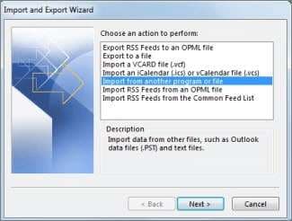 select outlook pst file