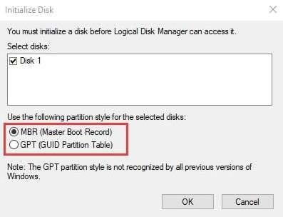 choose partition style in disk management