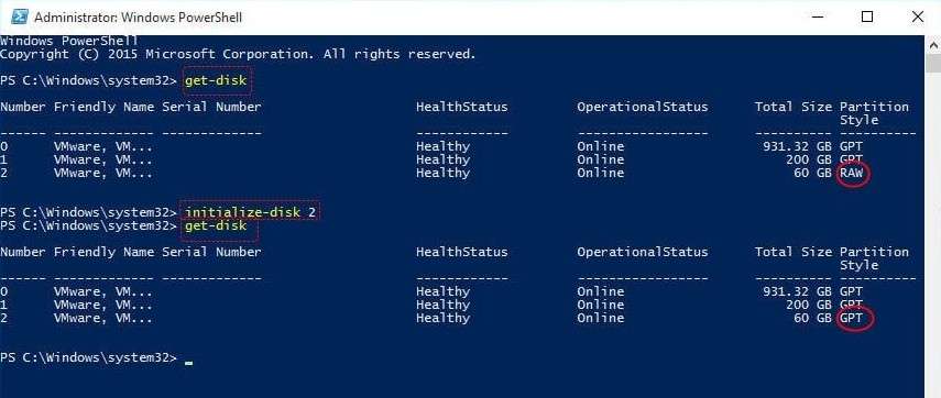 initialize an ssd with powershell