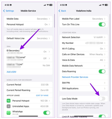 iphone cellular line options and low data mode switch
