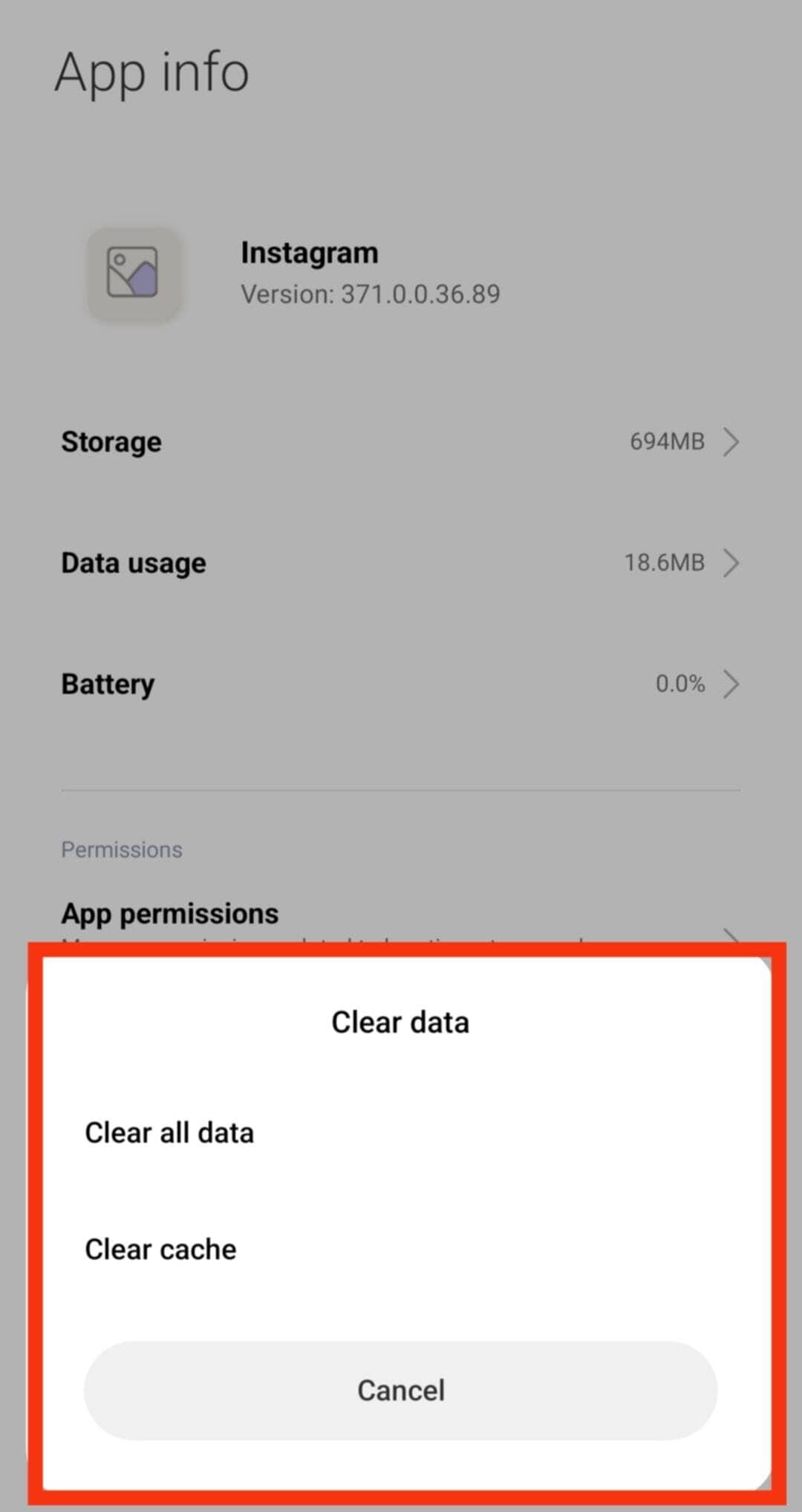 android instagram clear data menu with separate clear cache option