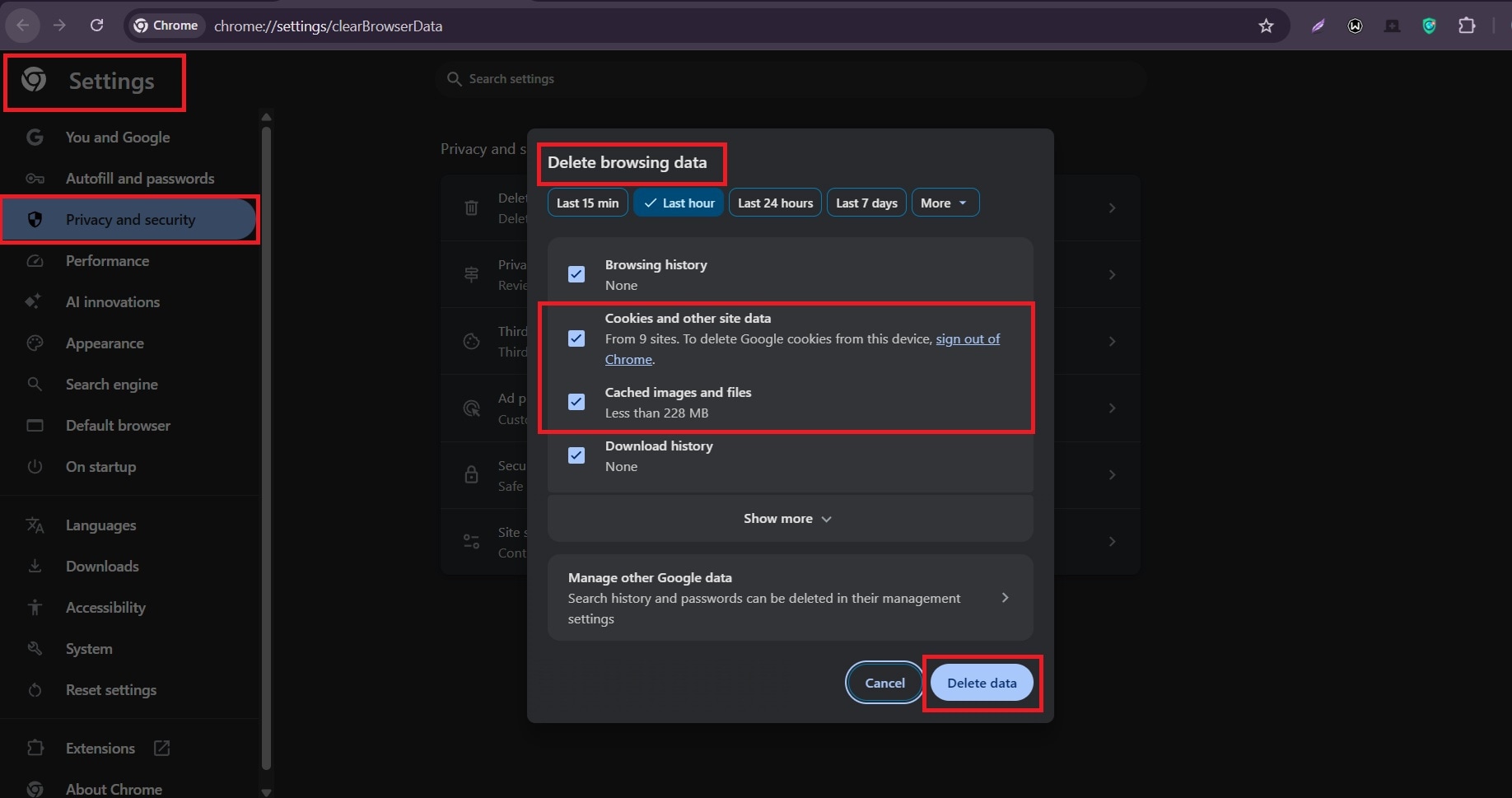 google chrome delete browsing data dialog with cookies and cached files